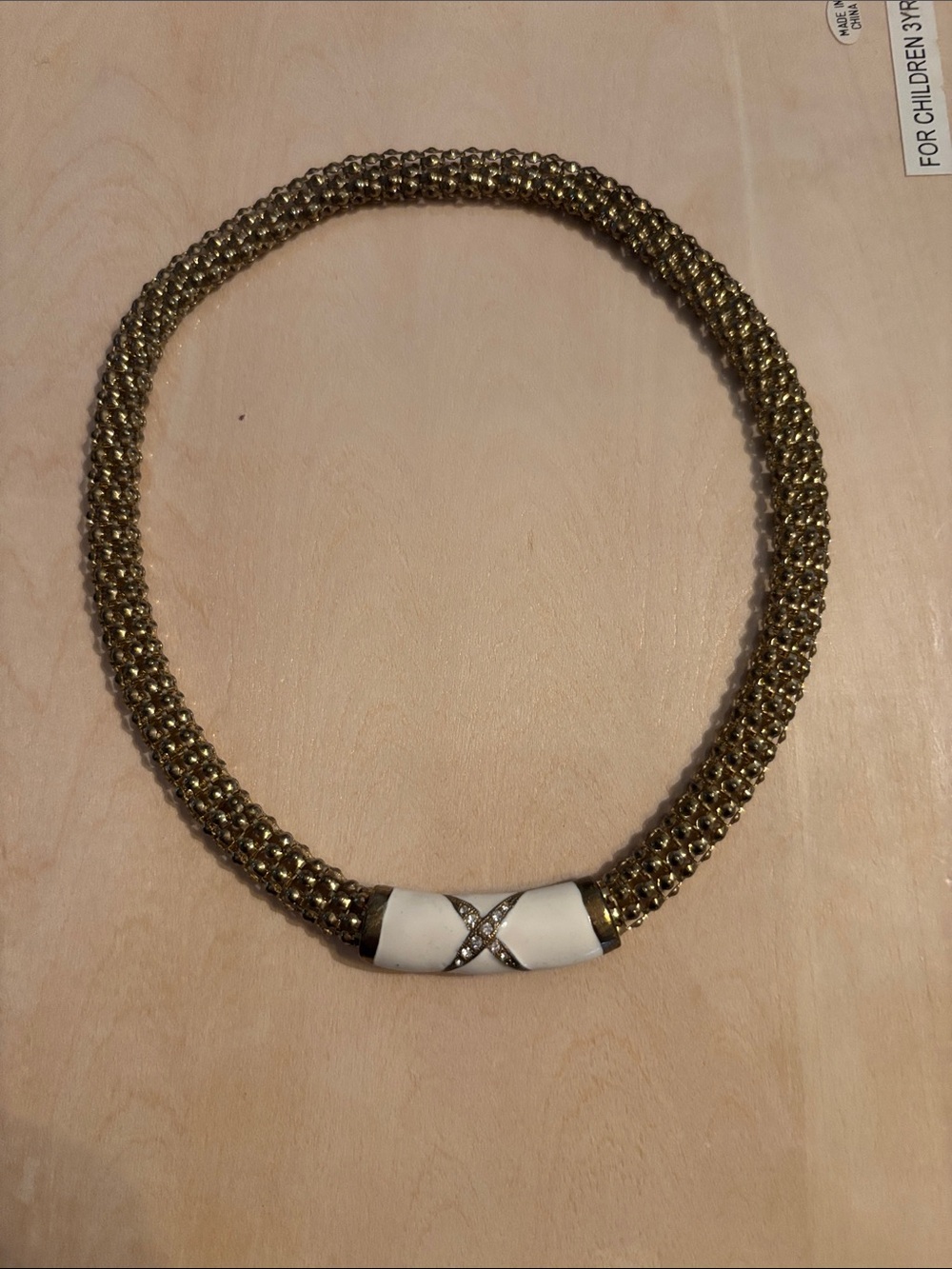 Vintage Gold-Tone Woven Choker Necklace with White Enamel Accent Magnetic Clasp